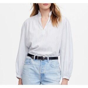 Madewell Womens M Ruffled Popover‎ Top Striped Blouse Long Sleeve Shirt Blue NEW